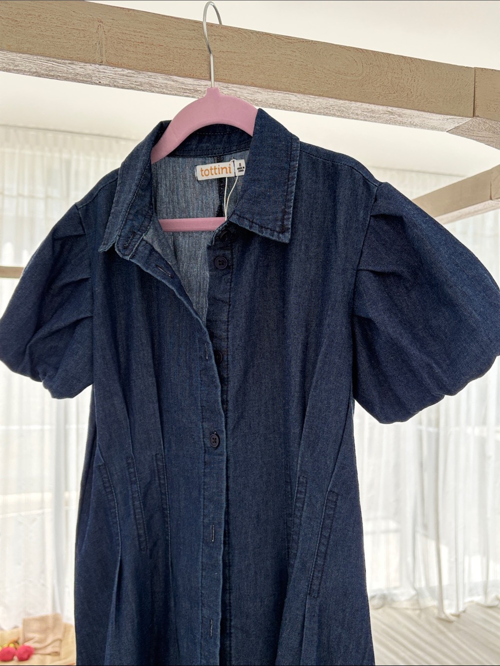 Tottini Girls' Dark Blue Puff-Sleeve Denim Dress
